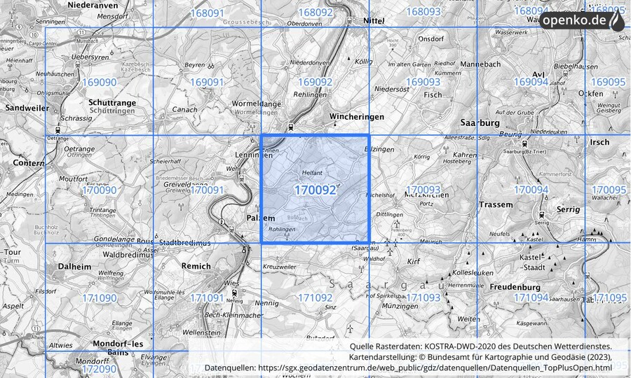 Übersichtskarte des KOSTRA-DWD-2020-Rasterfeldes Nr. 170092