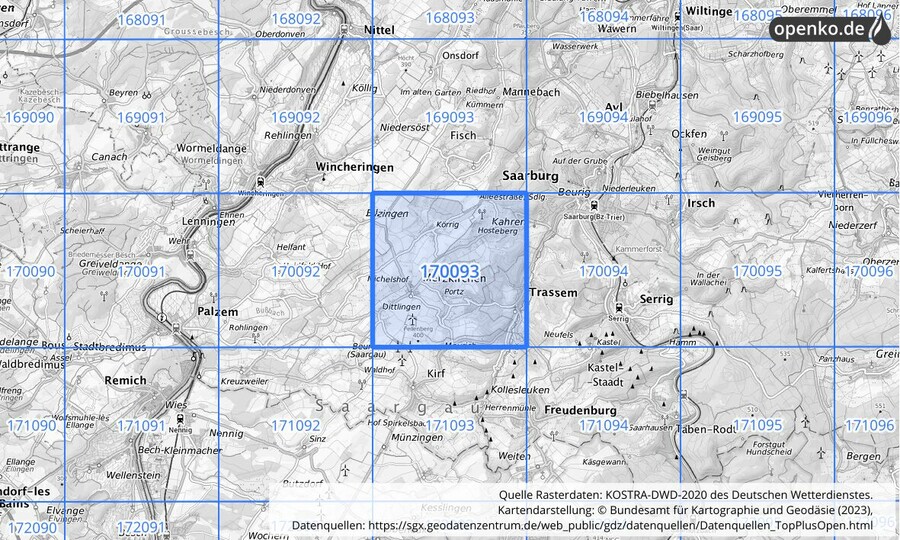 Übersichtskarte des KOSTRA-DWD-2020-Rasterfeldes Nr. 170093