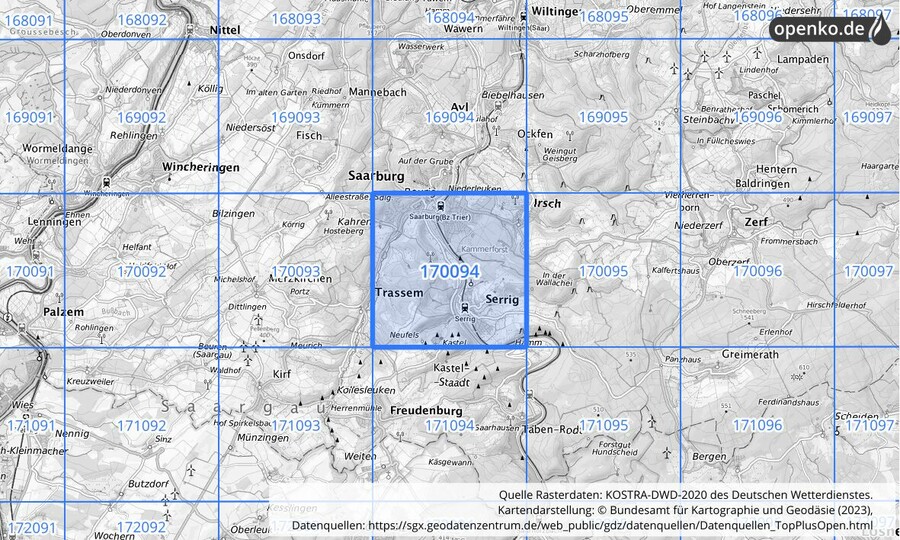 Übersichtskarte des KOSTRA-DWD-2020-Rasterfeldes Nr. 170094