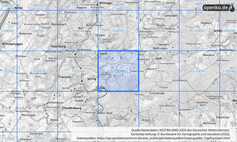 Übersichtskarte des KOSTRA-DWD-2020-Rasterfeldes Nr. 170095