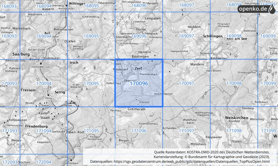 Übersichtskarte des KOSTRA-DWD-2020-Rasterfeldes Nr. 170096