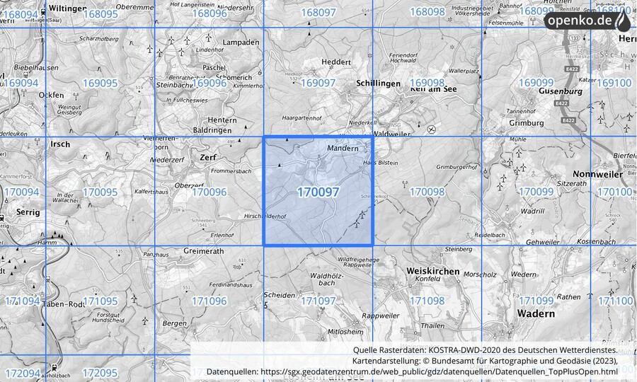 Übersichtskarte des KOSTRA-DWD-2020-Rasterfeldes Nr. 170097