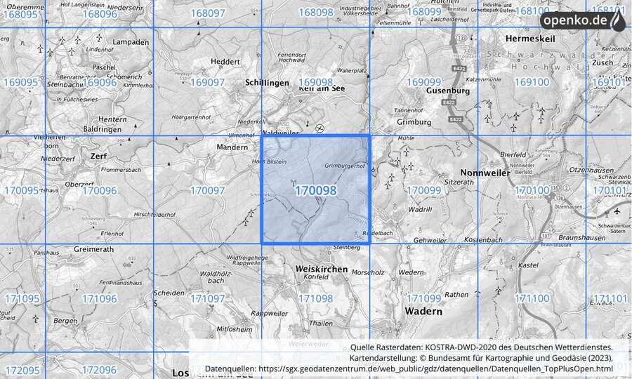 Übersichtskarte des KOSTRA-DWD-2020-Rasterfeldes Nr. 170098