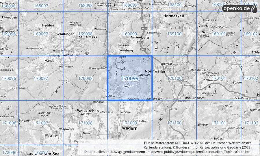 Übersichtskarte des KOSTRA-DWD-2020-Rasterfeldes Nr. 170099