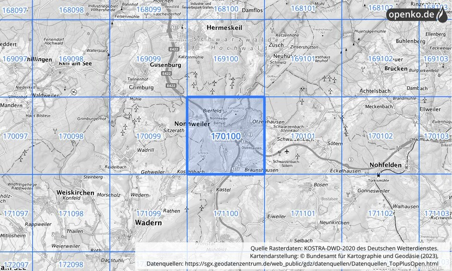 Übersichtskarte des KOSTRA-DWD-2020-Rasterfeldes Nr. 170100