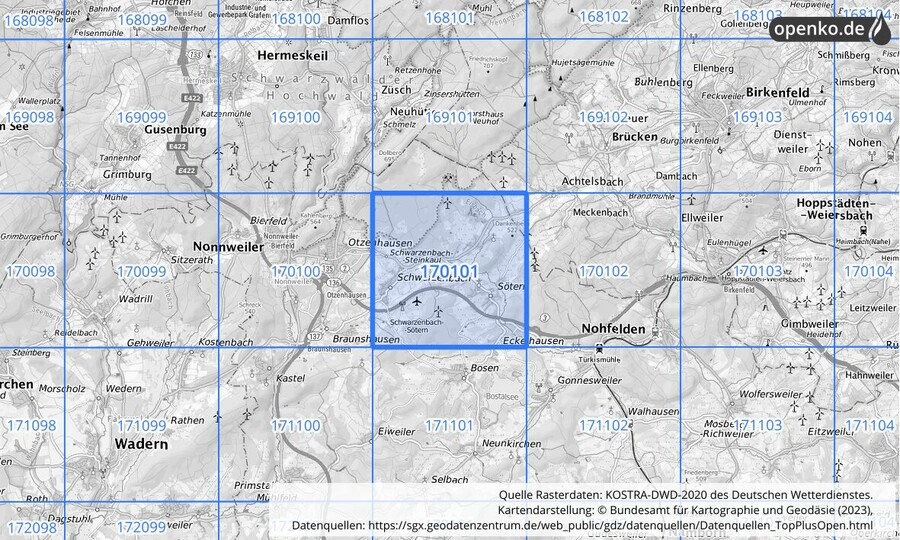 Übersichtskarte des KOSTRA-DWD-2020-Rasterfeldes Nr. 170101