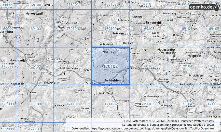 Übersichtskarte des KOSTRA-DWD-2020-Rasterfeldes Nr. 170102