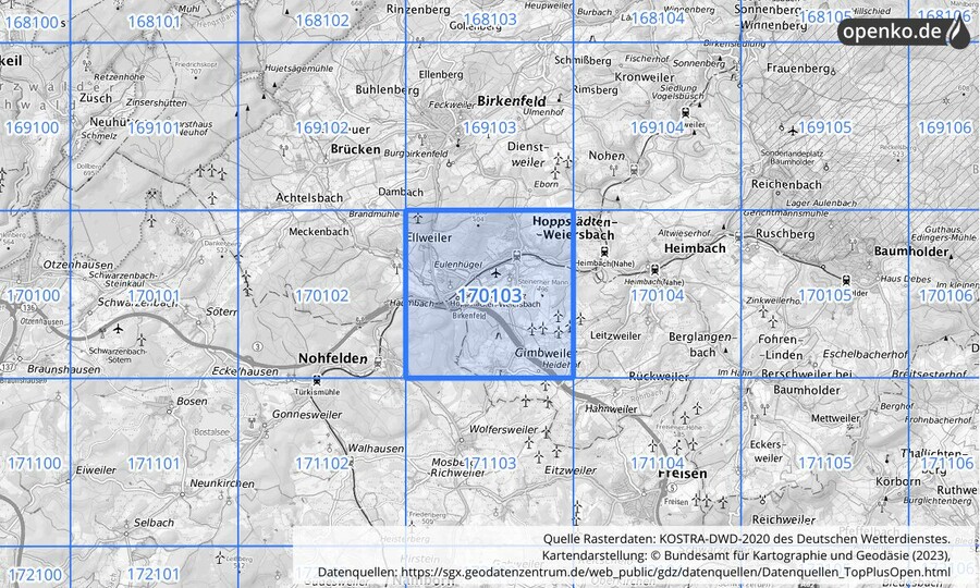 Übersichtskarte des KOSTRA-DWD-2020-Rasterfeldes Nr. 170103