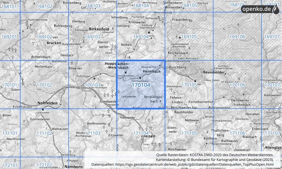 Übersichtskarte des KOSTRA-DWD-2020-Rasterfeldes Nr. 170104