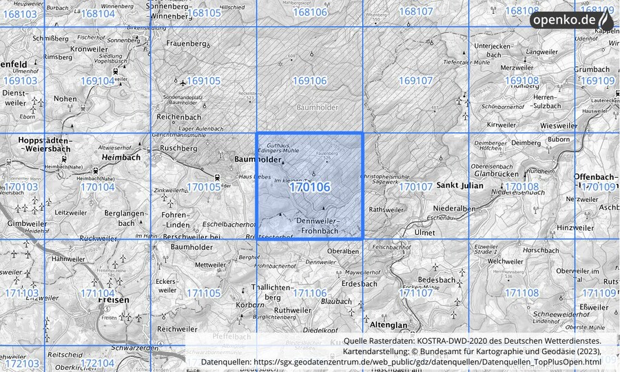 Übersichtskarte des KOSTRA-DWD-2020-Rasterfeldes Nr. 170106