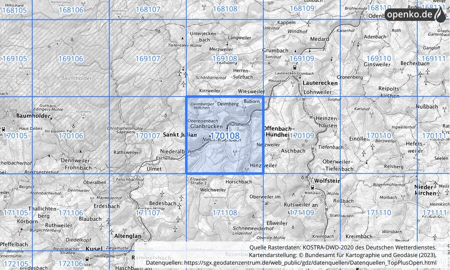 Übersichtskarte des KOSTRA-DWD-2020-Rasterfeldes Nr. 170108