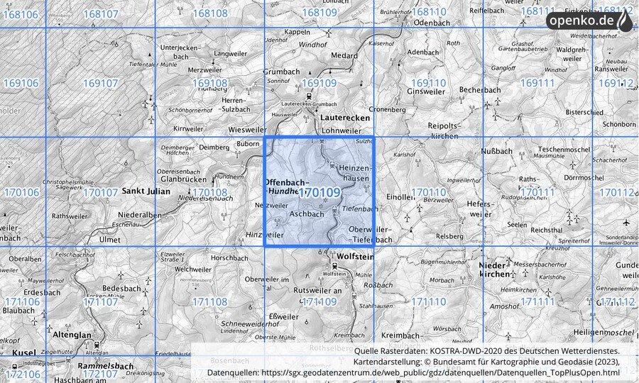 Übersichtskarte des KOSTRA-DWD-2020-Rasterfeldes Nr. 170109