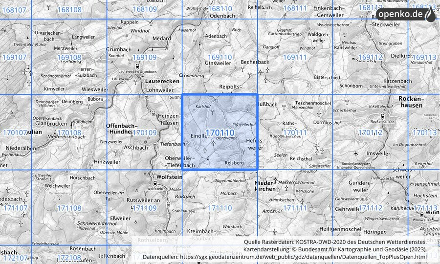 Übersichtskarte des KOSTRA-DWD-2020-Rasterfeldes Nr. 170110