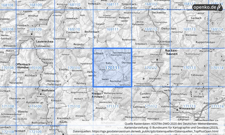 Übersichtskarte des KOSTRA-DWD-2020-Rasterfeldes Nr. 170111