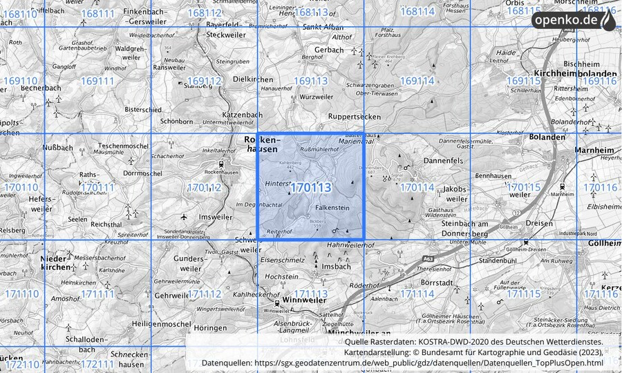 Übersichtskarte des KOSTRA-DWD-2020-Rasterfeldes Nr. 170113