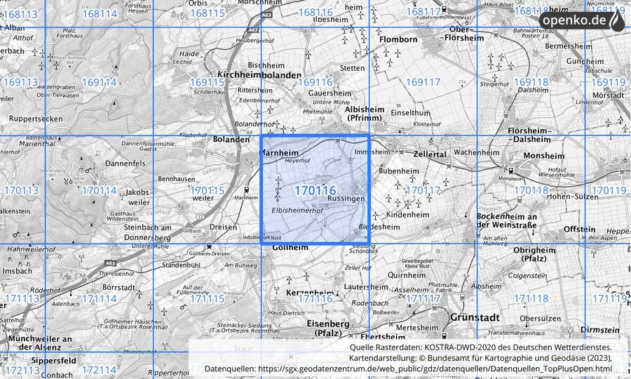 Übersichtskarte des KOSTRA-DWD-2020-Rasterfeldes Nr. 170116