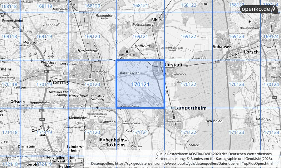 Übersichtskarte des KOSTRA-DWD-2020-Rasterfeldes Nr. 170121