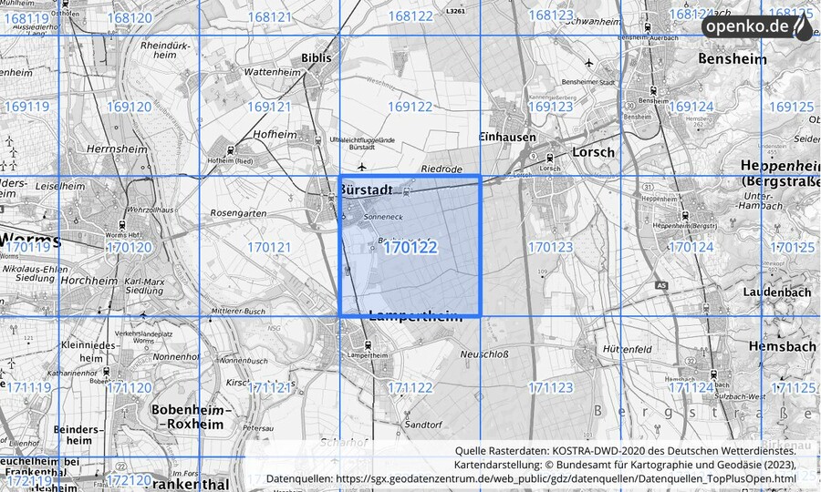 Übersichtskarte des KOSTRA-DWD-2020-Rasterfeldes Nr. 170122