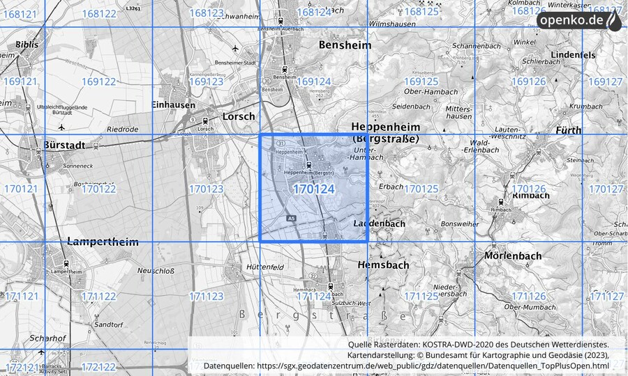 Übersichtskarte des KOSTRA-DWD-2020-Rasterfeldes Nr. 170124