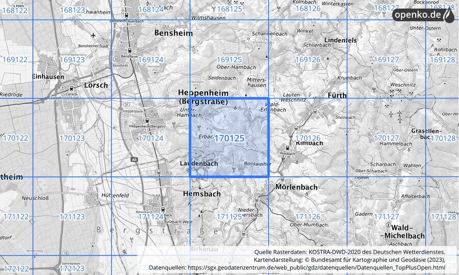 Übersichtskarte des KOSTRA-DWD-2020-Rasterfeldes Nr. 170125