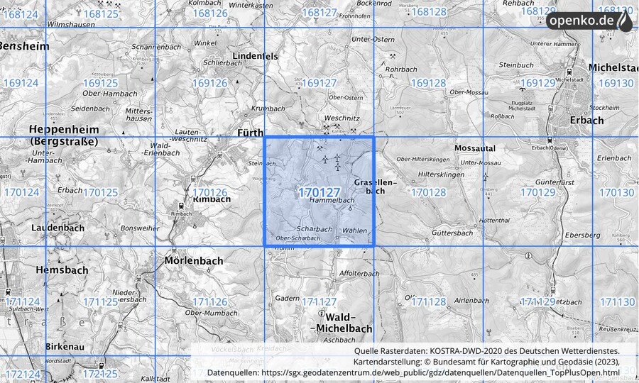 Übersichtskarte des KOSTRA-DWD-2020-Rasterfeldes Nr. 170127