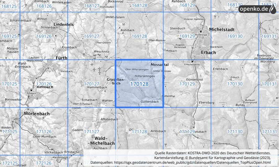 Übersichtskarte des KOSTRA-DWD-2020-Rasterfeldes Nr. 170128