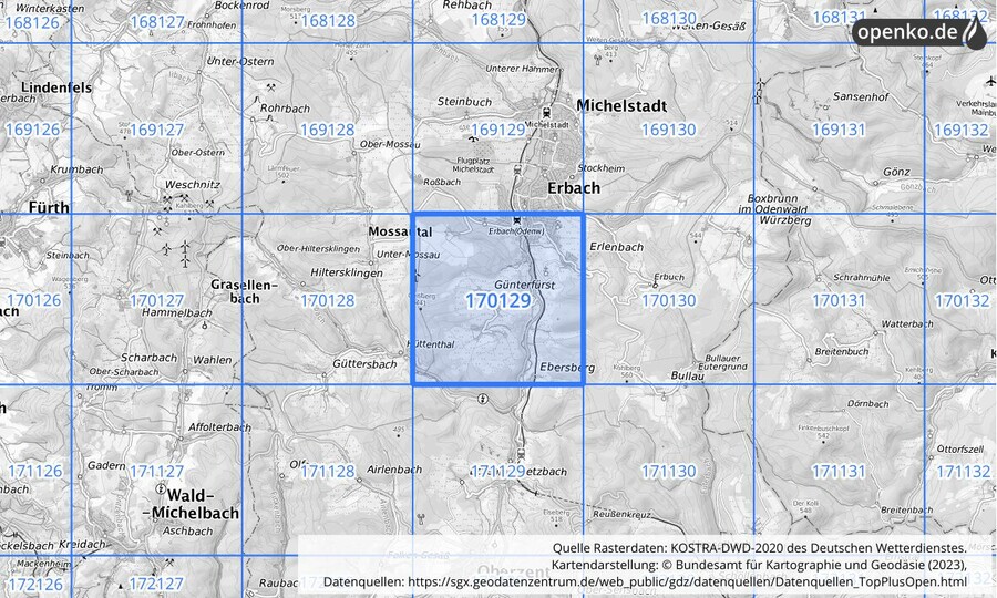 Übersichtskarte des KOSTRA-DWD-2020-Rasterfeldes Nr. 170129