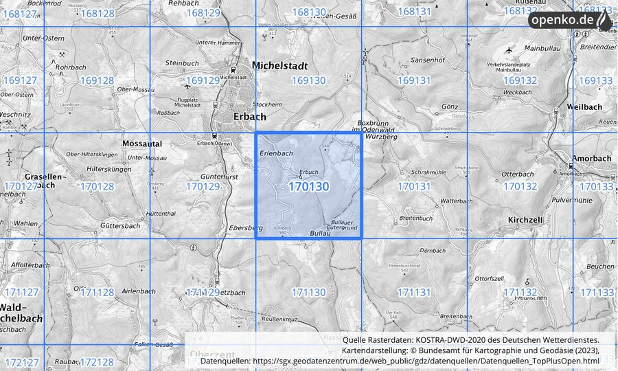 Übersichtskarte des KOSTRA-DWD-2020-Rasterfeldes Nr. 170130