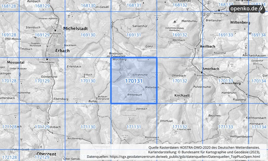 Übersichtskarte des KOSTRA-DWD-2020-Rasterfeldes Nr. 170131