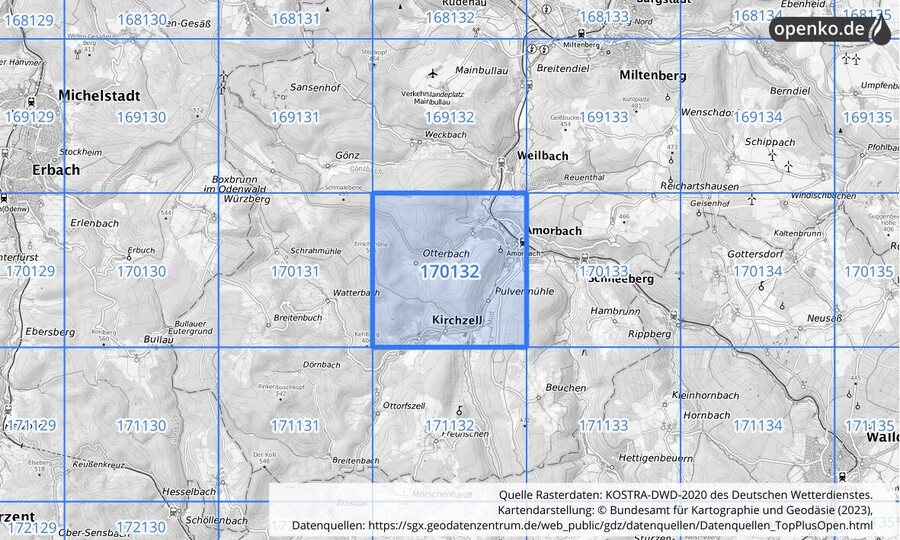 Übersichtskarte des KOSTRA-DWD-2020-Rasterfeldes Nr. 170132