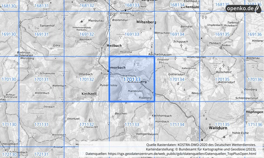 Übersichtskarte des KOSTRA-DWD-2020-Rasterfeldes Nr. 170133