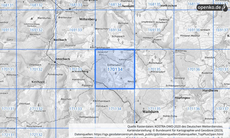 Übersichtskarte des KOSTRA-DWD-2020-Rasterfeldes Nr. 170134