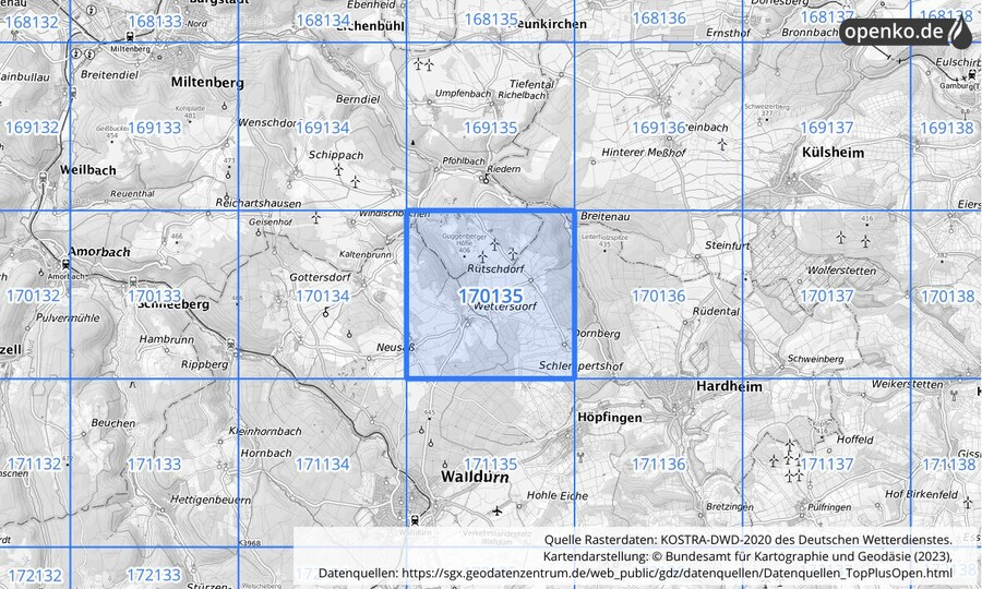 Übersichtskarte des KOSTRA-DWD-2020-Rasterfeldes Nr. 170135