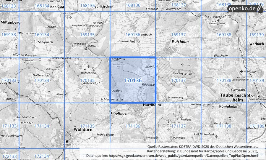 Übersichtskarte des KOSTRA-DWD-2020-Rasterfeldes Nr. 170136