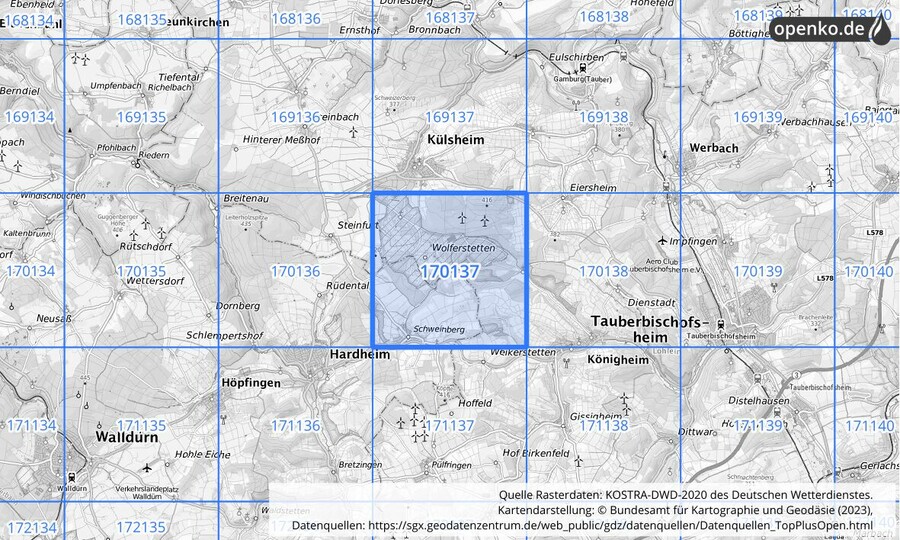 Übersichtskarte des KOSTRA-DWD-2020-Rasterfeldes Nr. 170137