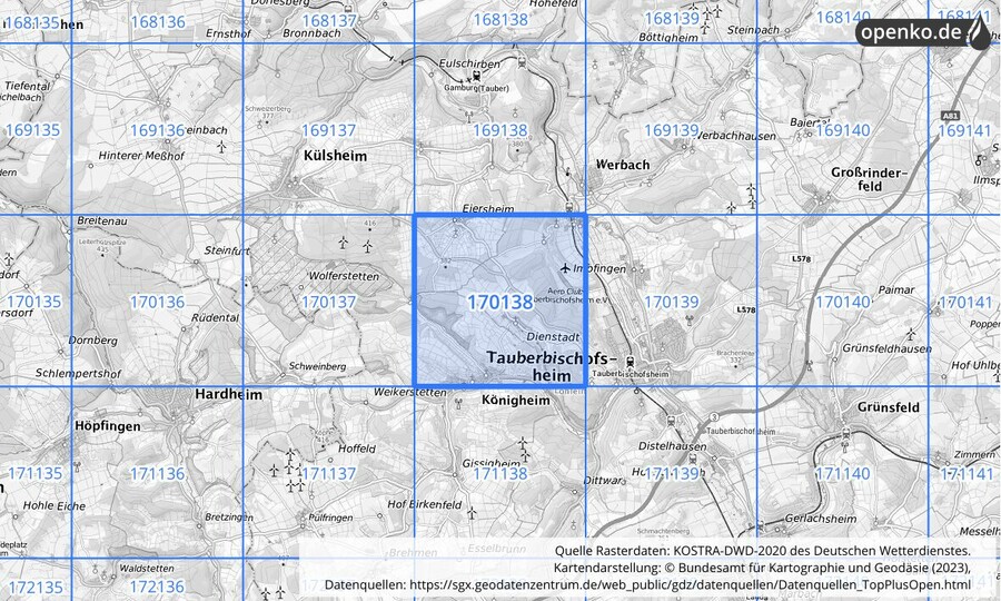 Übersichtskarte des KOSTRA-DWD-2020-Rasterfeldes Nr. 170138