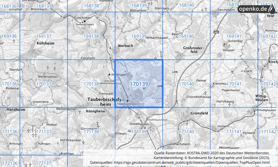 Übersichtskarte des KOSTRA-DWD-2020-Rasterfeldes Nr. 170139