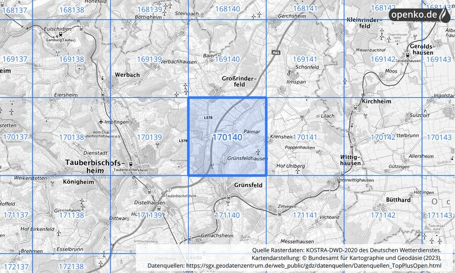 Übersichtskarte des KOSTRA-DWD-2020-Rasterfeldes Nr. 170140