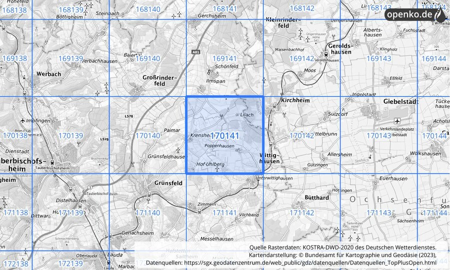 Übersichtskarte des KOSTRA-DWD-2020-Rasterfeldes Nr. 170141