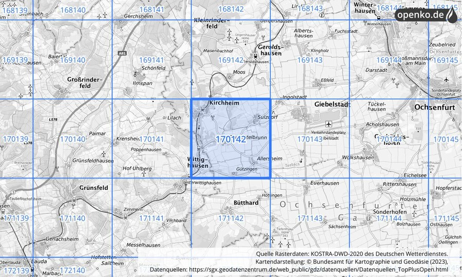 Übersichtskarte des KOSTRA-DWD-2020-Rasterfeldes Nr. 170142