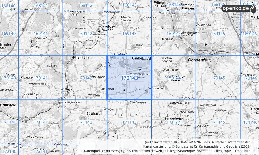 Übersichtskarte des KOSTRA-DWD-2020-Rasterfeldes Nr. 170143