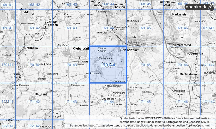 Übersichtskarte des KOSTRA-DWD-2020-Rasterfeldes Nr. 170144