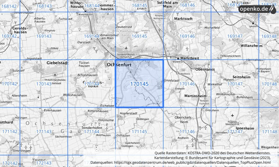 Übersichtskarte des KOSTRA-DWD-2020-Rasterfeldes Nr. 170145