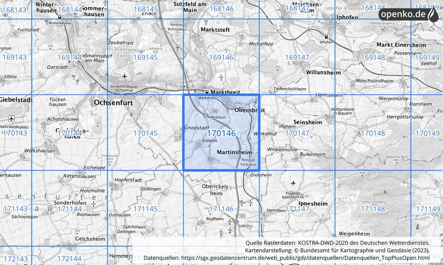 Übersichtskarte des KOSTRA-DWD-2020-Rasterfeldes Nr. 170146
