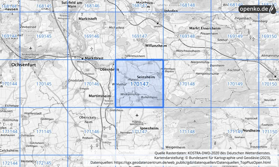 Übersichtskarte des KOSTRA-DWD-2020-Rasterfeldes Nr. 170147