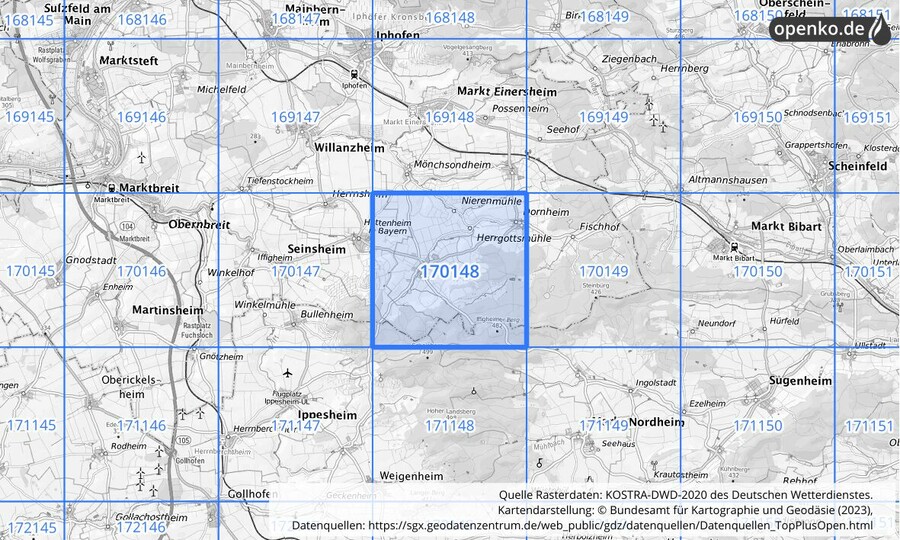 Übersichtskarte des KOSTRA-DWD-2020-Rasterfeldes Nr. 170148