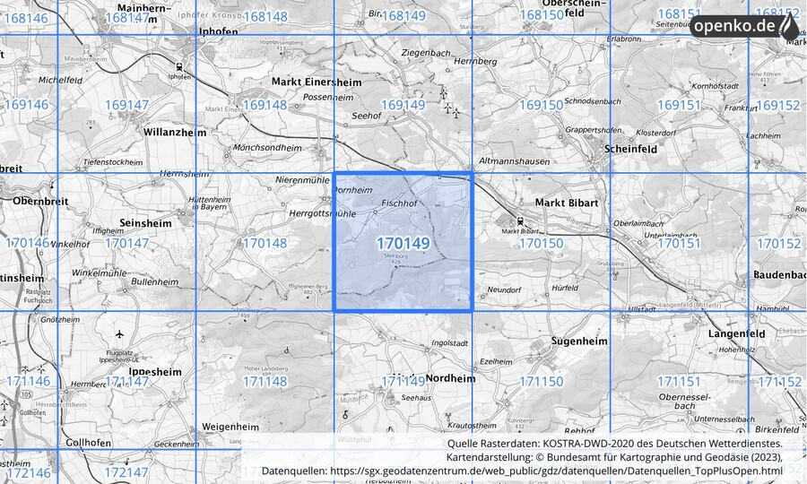 Übersichtskarte des KOSTRA-DWD-2020-Rasterfeldes Nr. 170149