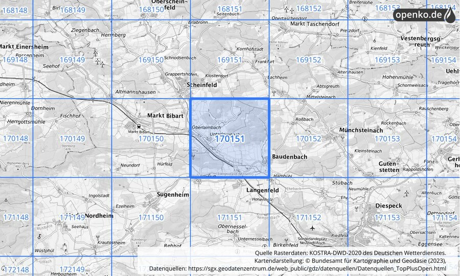 Übersichtskarte des KOSTRA-DWD-2020-Rasterfeldes Nr. 170151