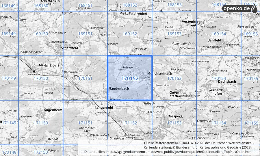Übersichtskarte des KOSTRA-DWD-2020-Rasterfeldes Nr. 170152