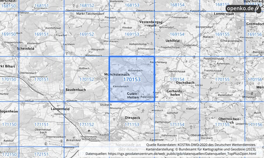 Übersichtskarte des KOSTRA-DWD-2020-Rasterfeldes Nr. 170153